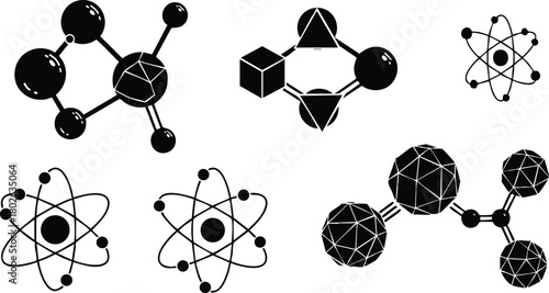 Molecular structures and atomic models vector illustration with black connected spheres and orbitals in scientific design 