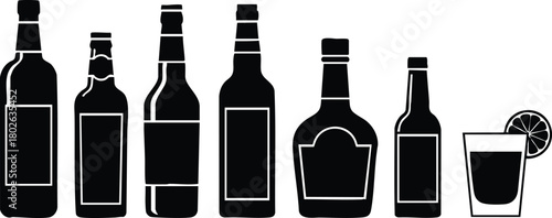Alcoholic beverage bottles and glass with lemon slice minimalist vector illustration in black and white style 