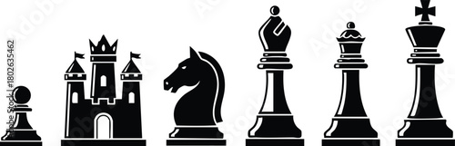 Chess pieces collection black silhouette pawn castle knight queen bishop king vector illustration 
