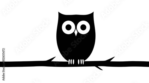 Cute black owl silhouette sitting on a bare branch. Minimalist graphic design illustration with large white eyes on a clean white background.