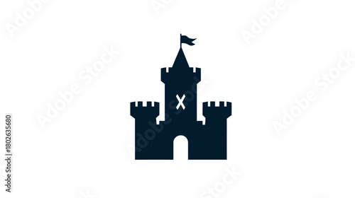 Minimalist dark blue castle silhouette graphic with flag and stylized X, perfect for fantasy, medieval, or kingdom-themed designs.