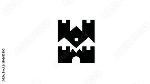 Modern minimalist black castle icon, geometric fortress symbol, abstract architecture graphic for security and medieval themes.