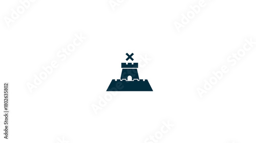 Minimalist fortress tower icon with 'X' mark, dark blue silhouette representing security, stronghold, location, or defense symbol