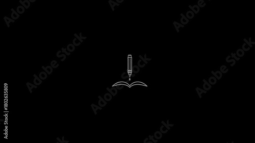 Minimalist line art icon of a pen writing in an open book, symbolizing education, learning, knowledge, and creativity.
