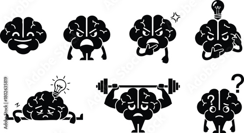 Brain cartoon characters expressing different emotions and activities including thinking, lifting weights, and confusion vector illustration 