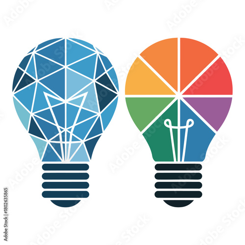 Two stylized lightbulbs represent ideas and creativity with geometric and segmented designs.