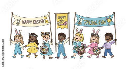 Diverse group of happy children in festive attire holding banners celebrating happy easter and spring fun