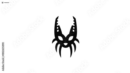 Abstract black insectoid symbol or stylized tribal mask design, symmetrical graphic icon on white background for creative projects