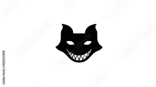 Stylized black fox or wolf head silhouette with sharp teeth and menacing grin, abstract wild animal vector icon on white.