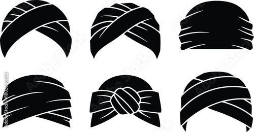 Turban headwear silhouettes collection with various wrapping styles vector illustration for cultural fashion designs 