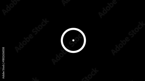 Modern abstract graphic design element: white circle with a central dot on a stark black background, minimalist symbol.