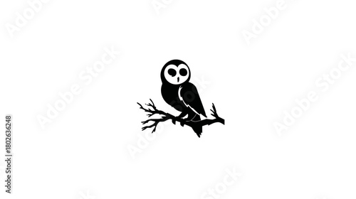 Minimal black and white illustration of a wise nocturnal owl perched on a branch, graphic design vector art.