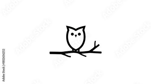Minimalist Line Art Owl on Branch Illustration. Simple Black and White Vector Drawing of a Cute Nocturnal Bird Perched.