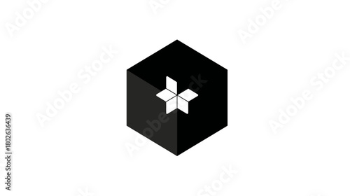 Black isometric cube with white geometric plus sign on face, abstract 3D shape, minimalist design, modern icon graphic
