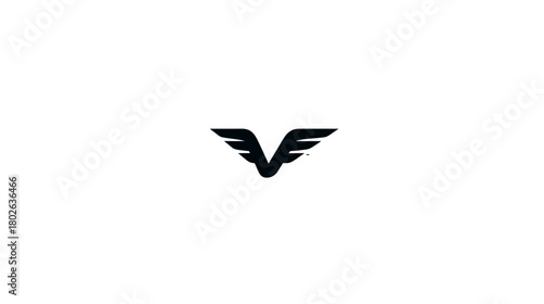 Modern minimalist black letter V with abstract wings graphic icon design. Sleek emblem symbol on white background for branding concept.