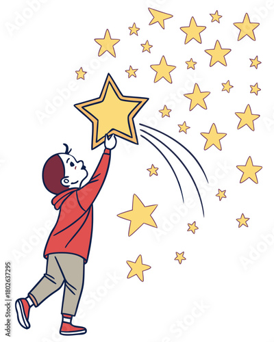 Cheerful vector illustration of a child reaching and grabbing a large, shining star from the sky, surrounded by small stars.