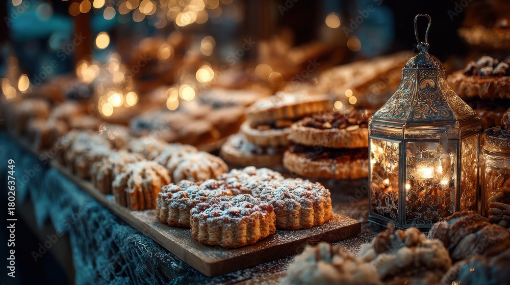 Obraz premium Delicious holiday treats displayed at a festive market during the evening