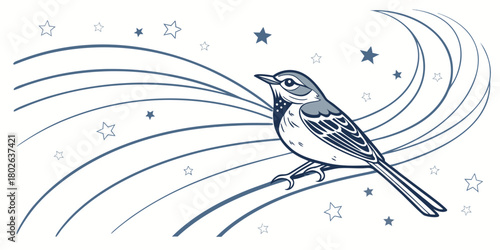Monochrome blue-line vector illustration of a detailed songbird perched on flowing abstract wave lines with a surrounding scatter of stars.