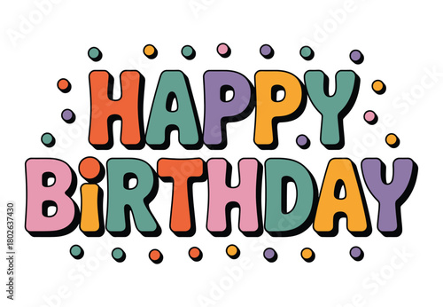 Colorful text graphic spells out 'Happy Birthday' surrounded by small polka dots, conveying a festive and celebratory message.