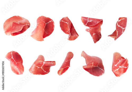 Set of fresh prosciutto ham slices isolated on transparent background