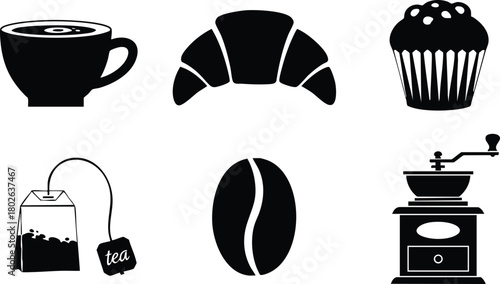 Coffee cup croissant muffin tea bag coffee bean and coffee grinder vector illustration set black silhouette 