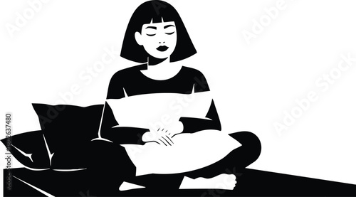 Woman sitting on floor holding pillow in relaxed posture with short hair in black and white vector illustration 