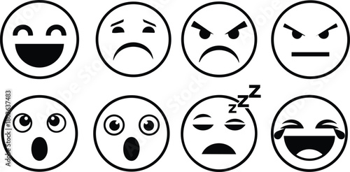 Collection of eight diverse emotional faces vector illustration showing happiness sadness anger surprise and sleepiness 