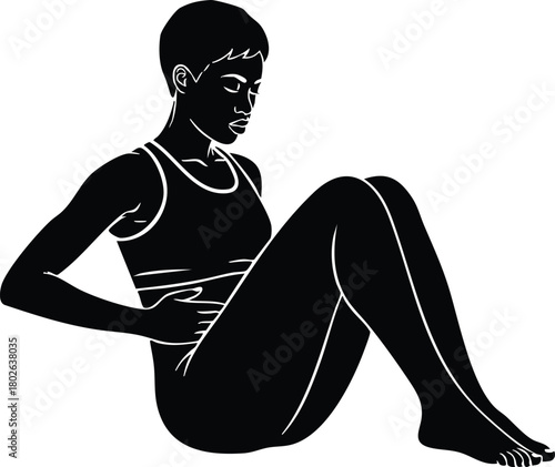 Silhouette of Woman Performing Abdominal Exercise Fitness Workout Vector Illustration in Black and White 