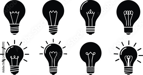 Set of black silhouette light bulb icons with various filament designs and glowing effects vector illustration 