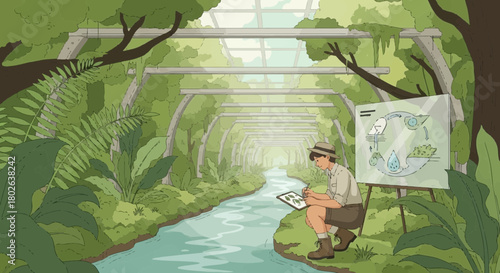 Botanist drawing flora in a lush tunnel of tropical plants and flowing water