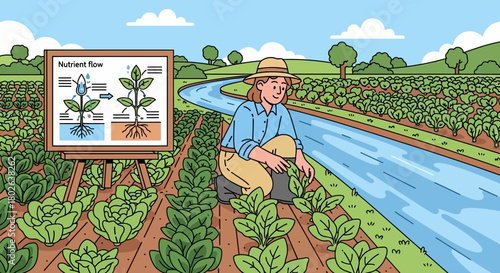Illustration of a farm worker tending crops in a field with a river nearby