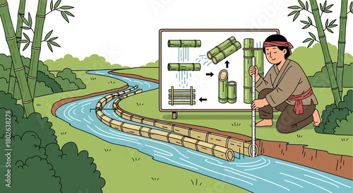 Illustration showcasing the process of bamboo rafting construction with measurements