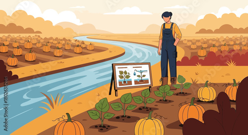 Agricultural scene depicting pumpkin cultivation, irrigation and farming practices