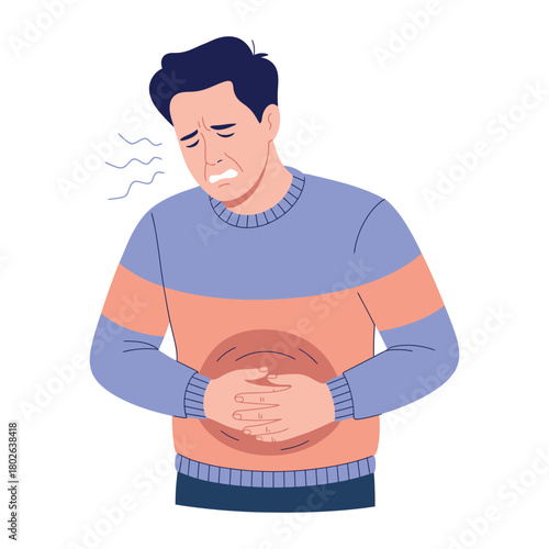 A person is experiencing abdominal pain, holding their stomach in discomfort.