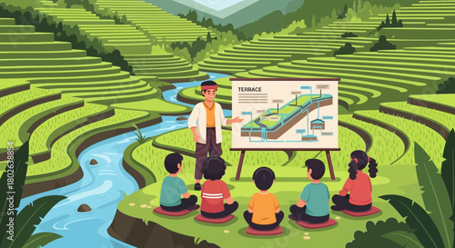 Learning about sustainable agriculture with terraced fields illustration