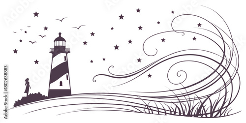 Silhouette vector illustration of a person standing by a lighthouse at night under a starry sky with abstract swirling wind and flying birds.
