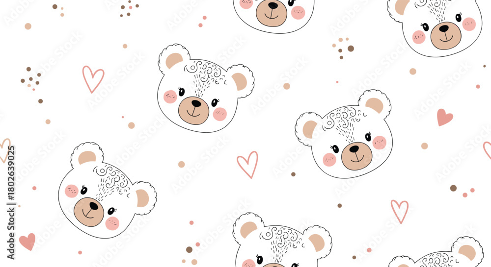 Fototapeta premium A charming seamless pattern featuring adorable teddy bear faces and delicate hearts perfect for baby shower decorations and nursery textiles.