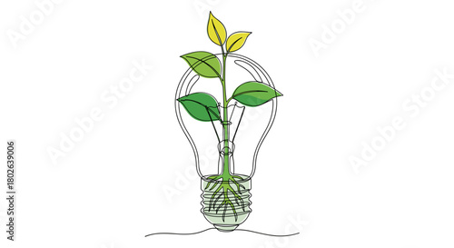 Lightbulb with plant growing inside continuous line art filled with green and yellow, innovative mood, eco idea and green innovation concept, with copy space