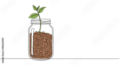 Glass jar with plant inside continuous line art filled with earthy brown, eco-friendly mood, bulk shopping, recycling and simple life concept, white background, with copy space