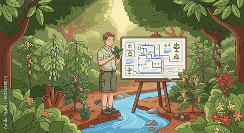 Botanist Explaining Plant Biology with Diagram in Forest Environment Presentation