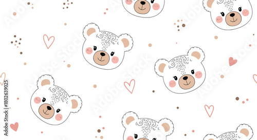 A charming seamless pattern featuring adorable teddy bear faces and delicate hearts perfect for baby shower decorations and nursery textiles.