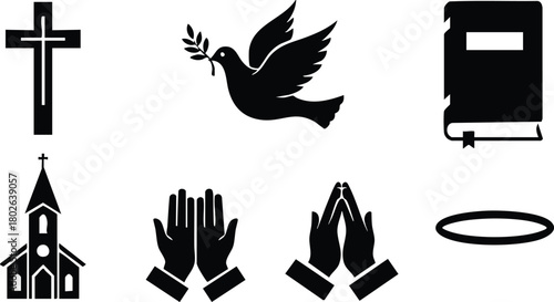 Christian religious symbols including cross church dove praying hands halo and holy bible vector illustration 