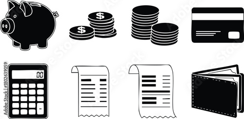 Financial Icons Set with Piggy Bank Calculator Credit Card Coins Receipts and Wallet Vector Illustration 