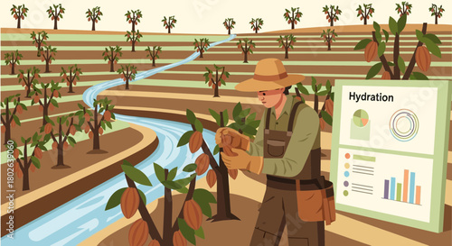 Sustainable cocoa farming with hydration analysis and river irrigation system