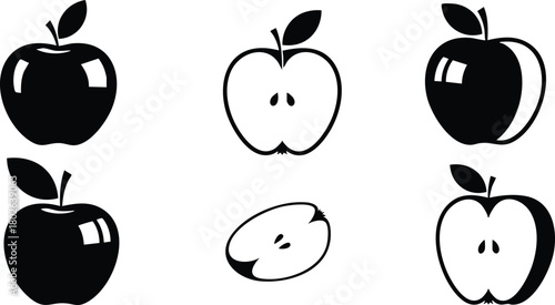 Black and white apple icons with whole and sliced fruit vector set for design projects and illustrations 