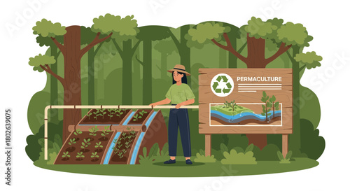 Sustainable permaculture farming practices illustrated in a forest landscape