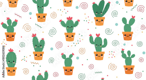 Adorable cartoon cacti in cute flower pots with playful swirl patterns and confetti decoration.