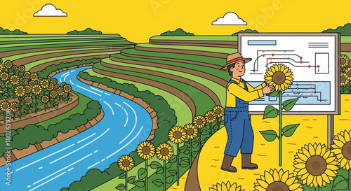 Sustainable Farming Illustration: Farmer Examining Irrigation System Near Terraced Fields