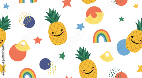 A cheerful seamless pattern featuring smiling pineapples rainbows and colorful abstract shapes scattered across a white background.