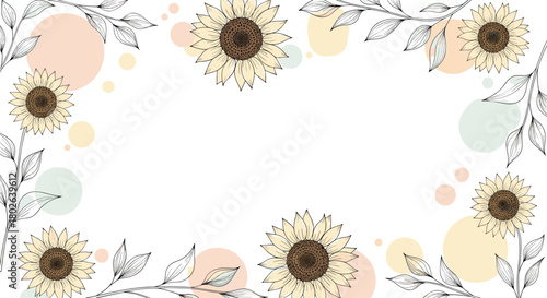 A whimsical frame of hand drawn sunflowers and foliage with soft pastel circles scattered across a white background.